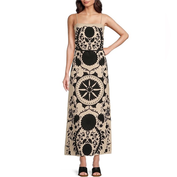 Le’ AL.X Dresses & Skirts - Le Alx Linen Embroidered Square Neck Sleeveless Spaghetti Strap Braid Belt Maxi